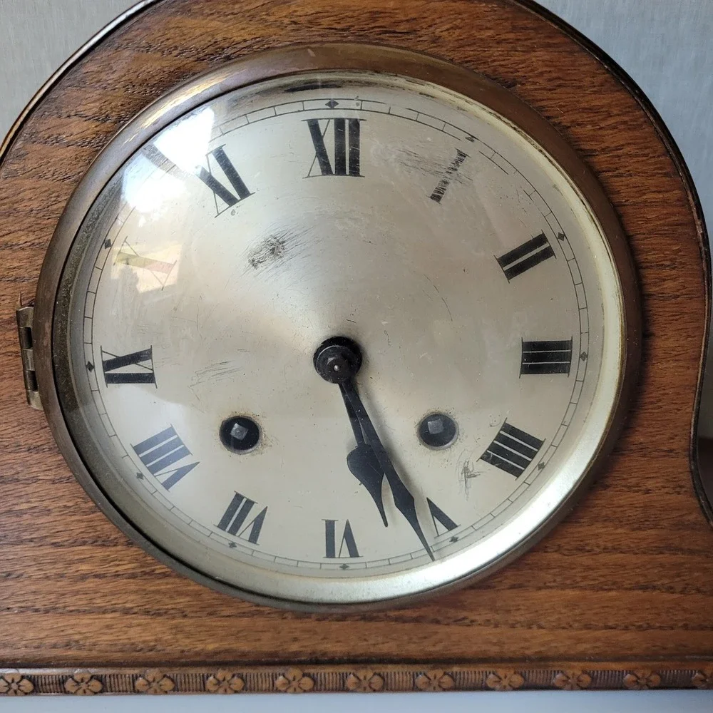 Antique German Mechanical Mantel Clock – Napoleon Hat Wood Case with Key, 15